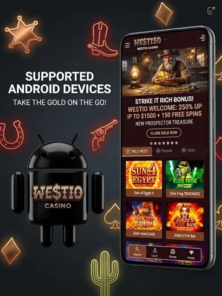 Screenshot of the Westia Casino Android app interface showcasing games and navigation options.