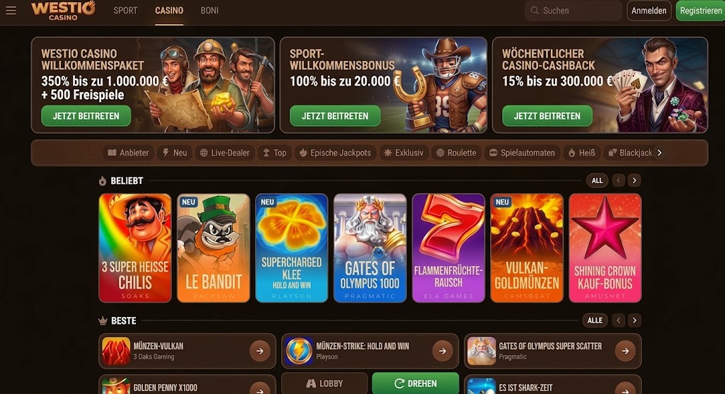Westia Casino homepage featuring various online games and promotional banners for users.